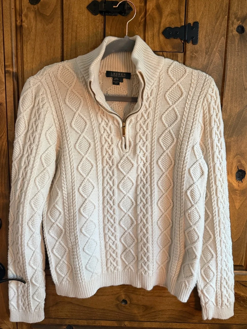 Lauren Ralph Lauren Cream Cable-Knit Half-Zip Sweater soft 
Size Large - Picture 2 of 3